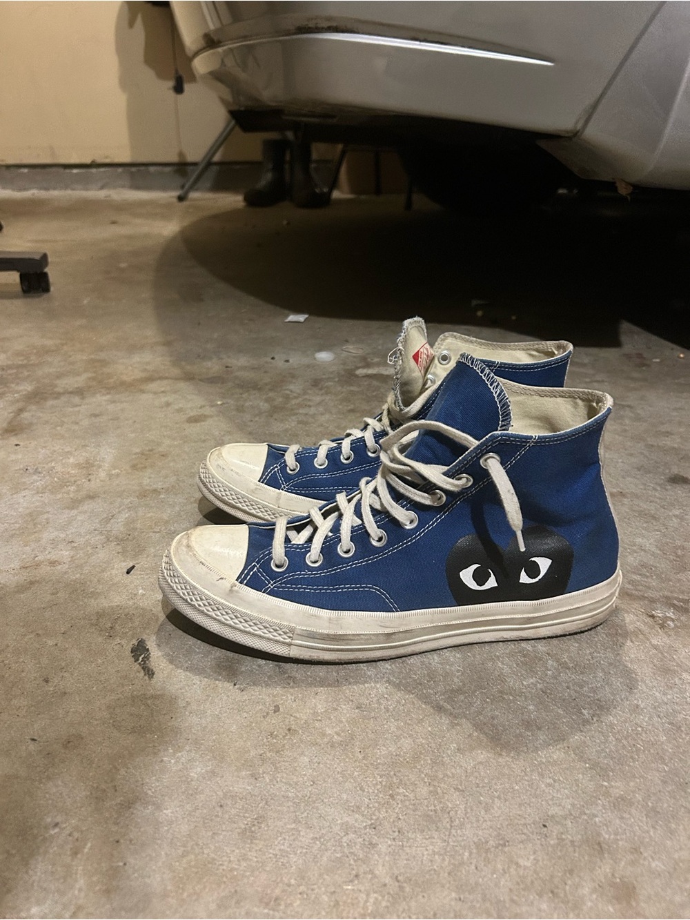 Comme des Garcons Blue High-Top Sneakers with Black Heart-Eye Motif